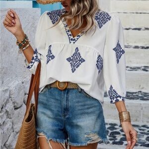 Women's White and Blue Embroidered look top NWT size L